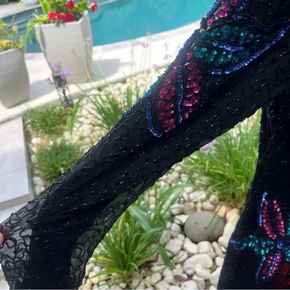 VINTAGE SILK CARINA SEQUIN Black Long Sleeve Shift Dress Beaded M - Picture 6 of 14